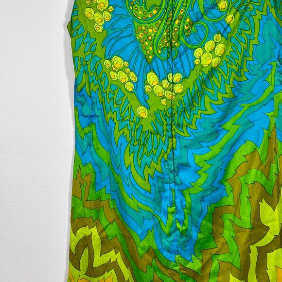 Vintage 1960s Psychedelic Shift Dress Blue Green Yellow Floral Tropical Print - Picture 16 of 16